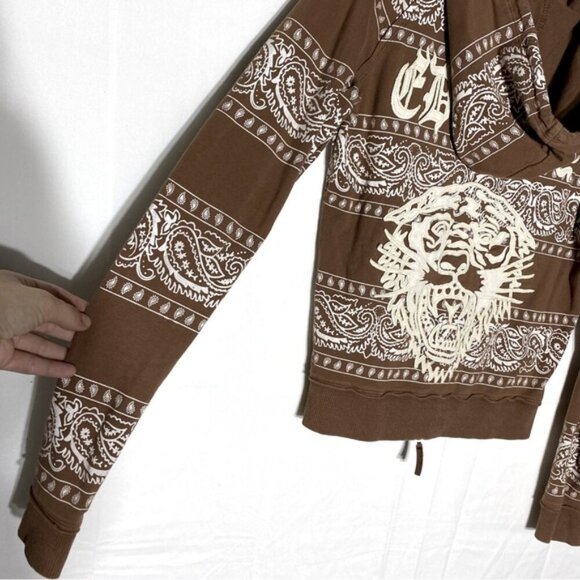 Vintage Y2K Ed Hardy Brown Cream Tiger Paisley Bandana Print Stripe Zip Hoodie M - Picture 10 of 15